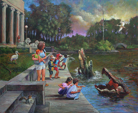 "Children Feeding Alligators in City Park" Art Print - 2 sizes and original too!