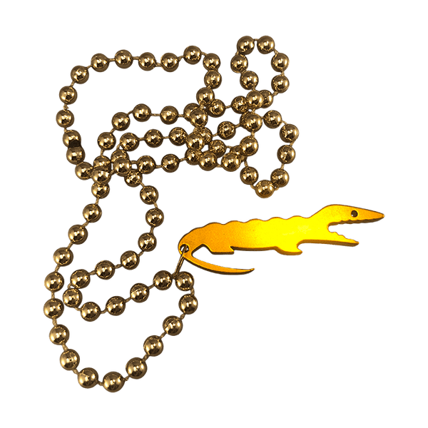 bottle opener alligator Mardi Gras beads green purple gold