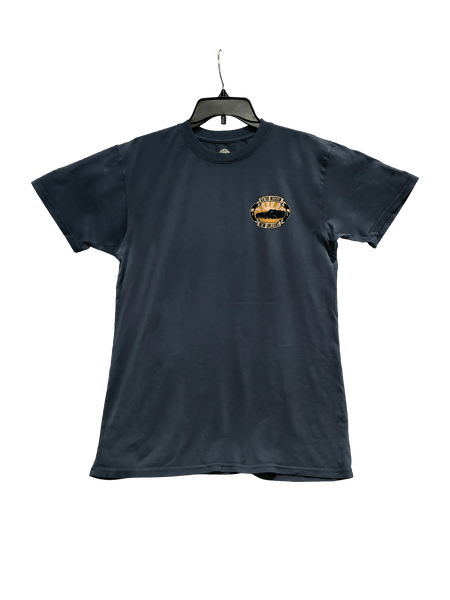Vintage Postcard Gator Museum Drop-in Anytime T-Shirt on medium dusky blue (Adult)