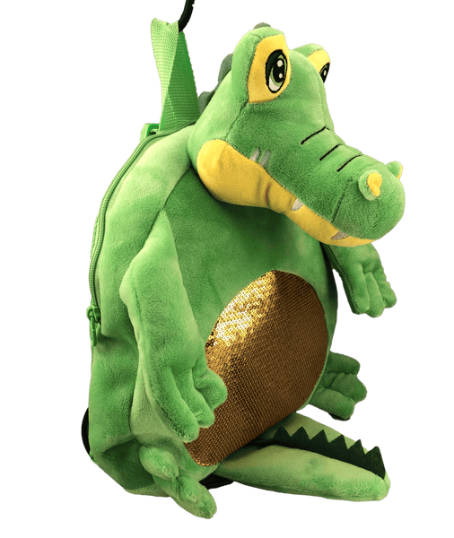 Green gator backpack with gold sequins