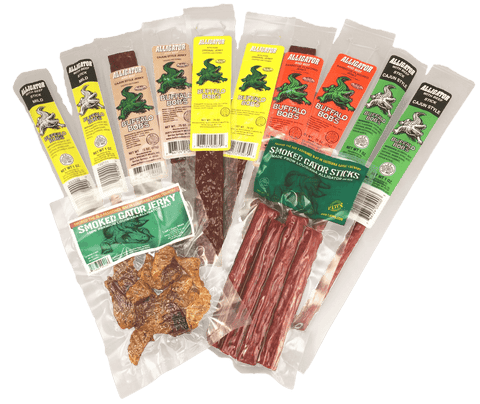 12 Piece Alligator Share Pack - get all 7 Buffalo Bob's and T'Jeff' Gator Jerky and Sticks