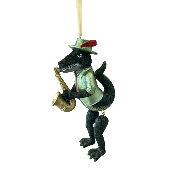 Sax Player Top Hat Gator Ornament w/ Moving Legs -- Multiple Colors