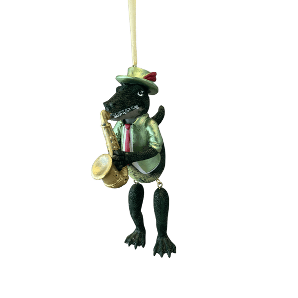 Sax Player Top Hat Gator Ornament w/ Moving Legs -- Multiple Colors
