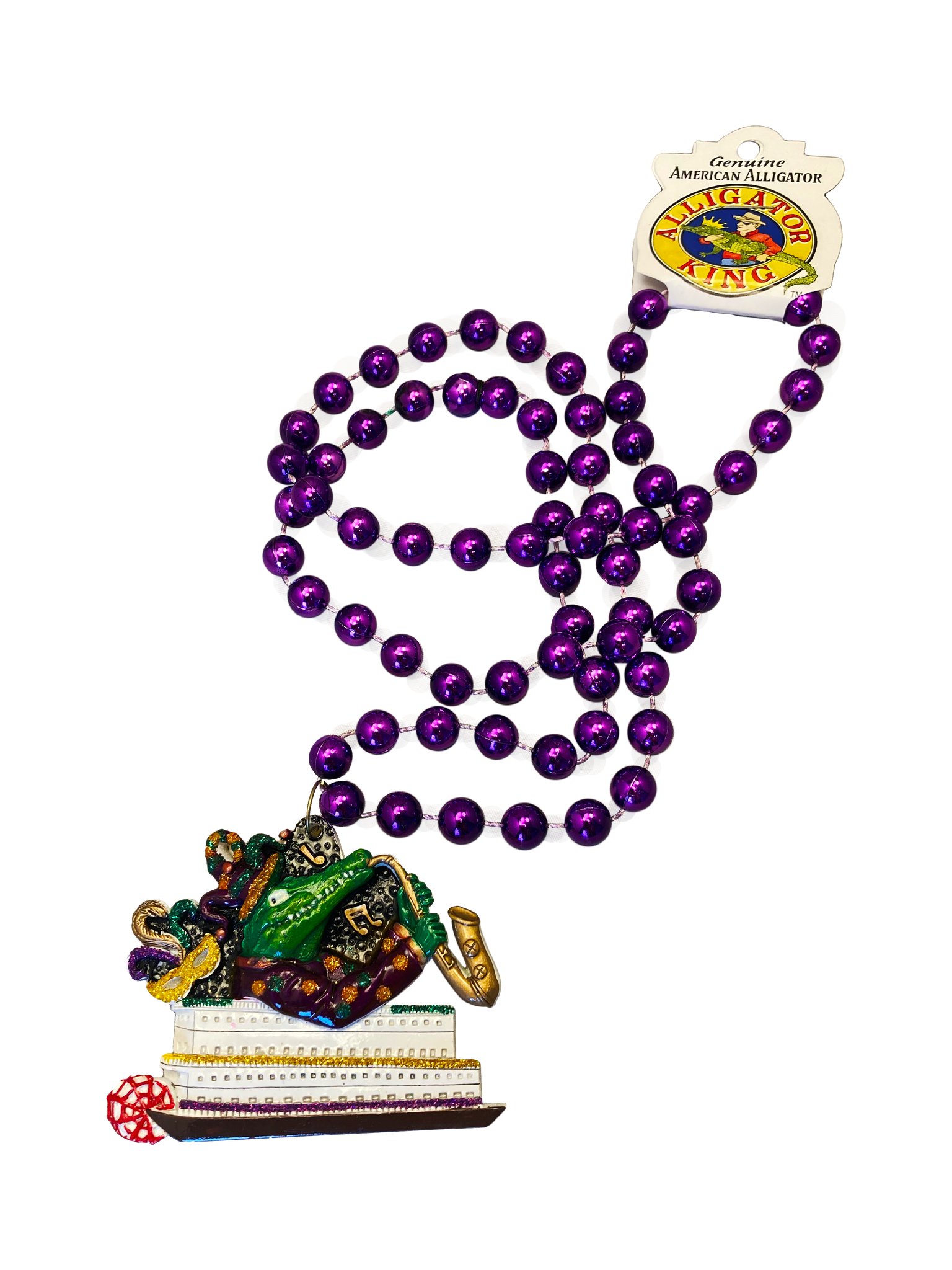 Jazzy Sax-Playing Alligator and Paddlewheel Mardi Gras Beads