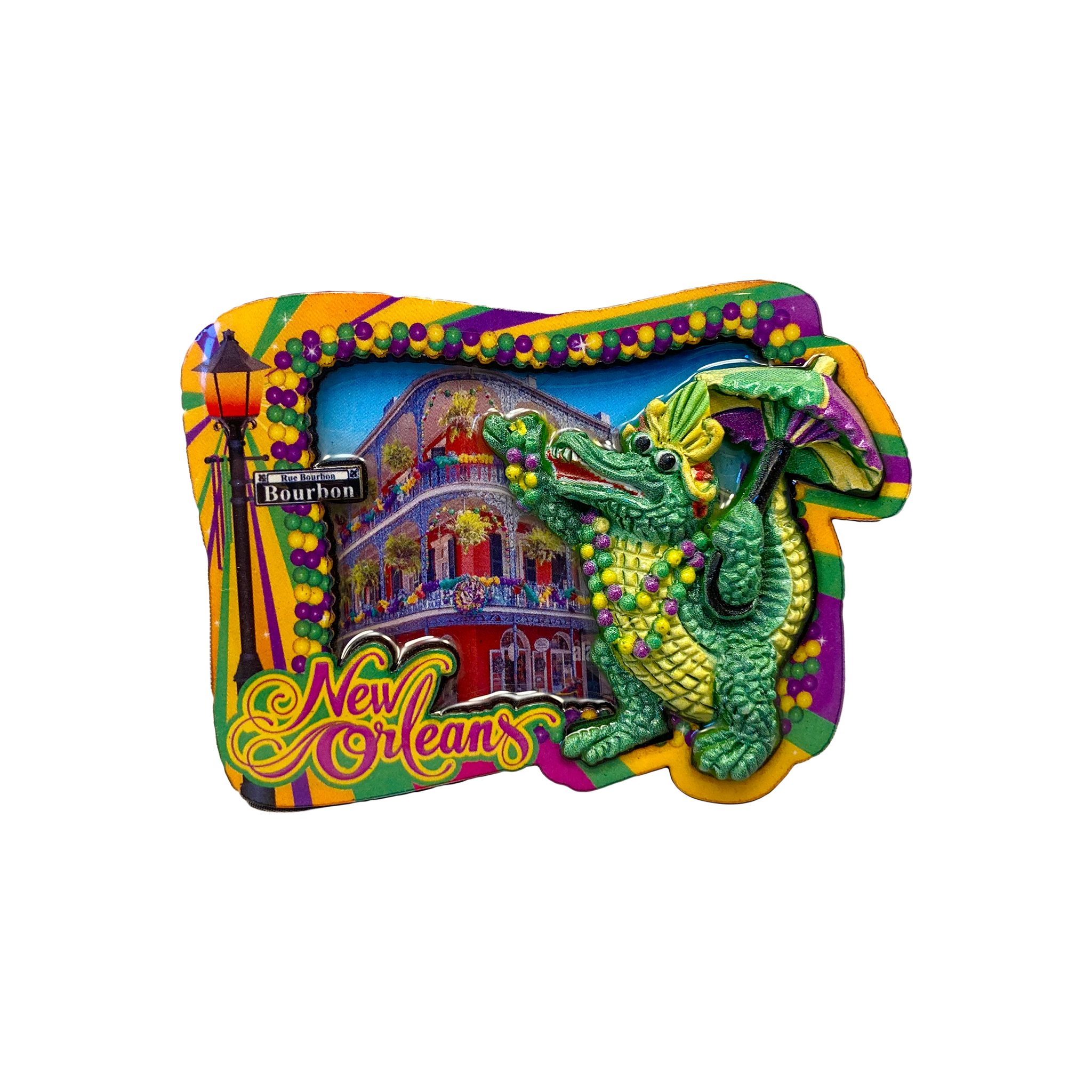 Colorful New Orleans Mardi Gras Alligator with Second Line Umbrella Magnet