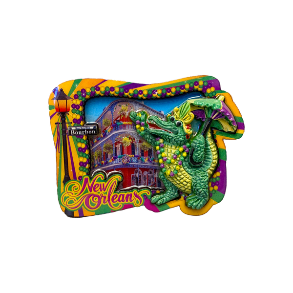 Colorful New Orleans Mardi Gras Alligator with Second Line Umbrella Magnet