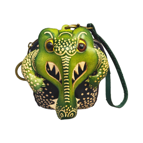 Detailed Tooled Leather Alligator Wristlet with Zipper and Foldover Magnetic Closure - Small 4"