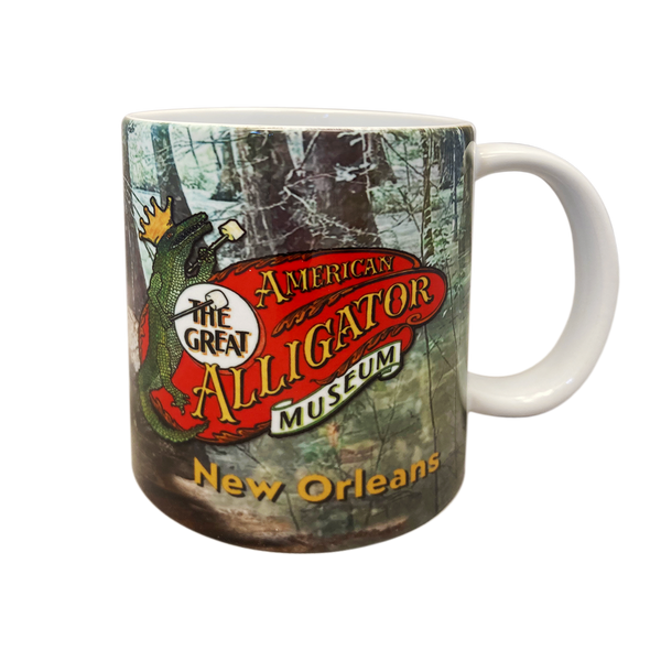 Ceramic gator museum mug with baby gator and logo