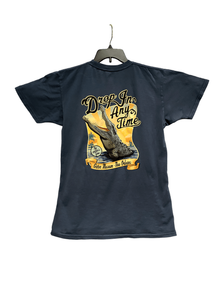Vintage Postcard Gator Museum Drop-in Anytime T-Shirt on medium dusky blue (Adult)