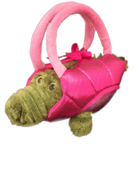 plush alligator toy in pink basket holder