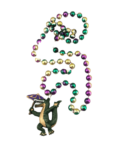 Second line Mardi Gras alligator with umbrella mead necklace
