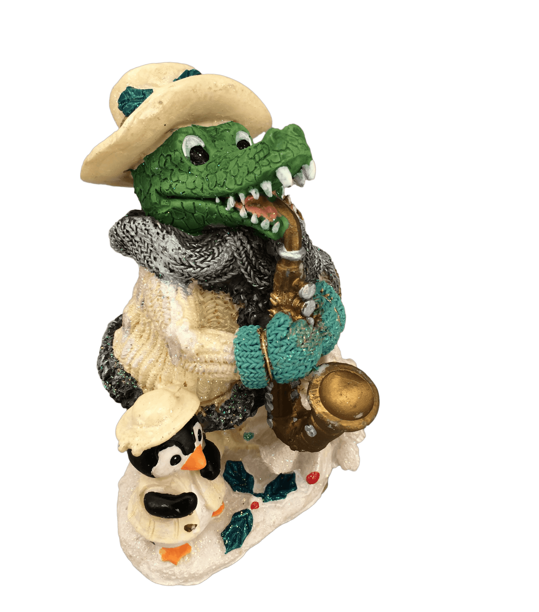 Alligator in sweater & saxophone